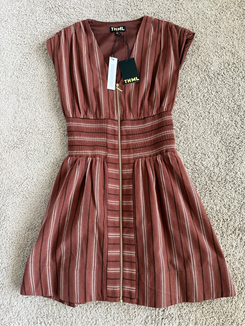 THML Rust-Striped V-Neck Fit & Flare Dress